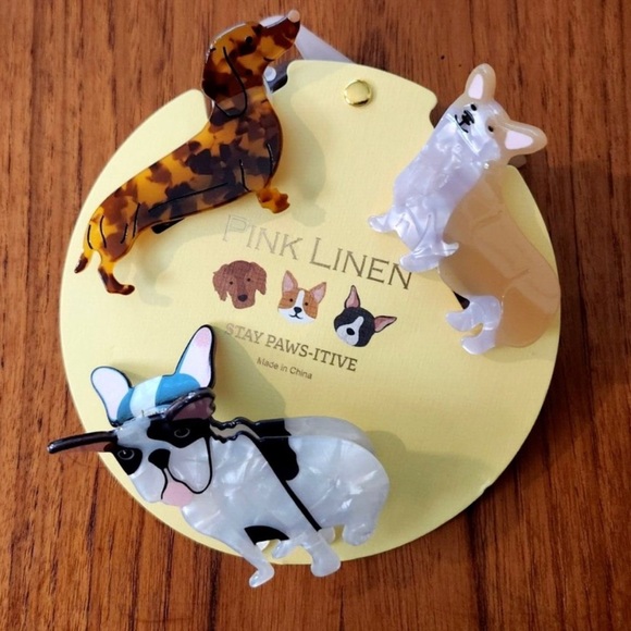 NWT 🐶 🐾 Pink Linen Stay Paw sitive! dog themed set of 3 hair claw clips - Picture 7 of 11